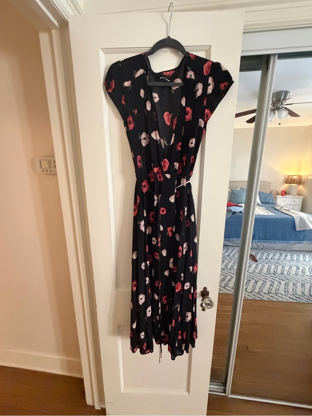 Reformation Black Maxi Wrap Dress with Pink and Red Floral Print
